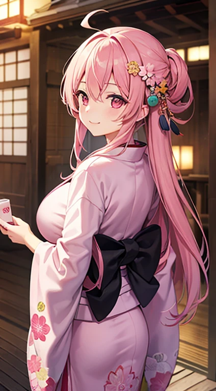 1 girl, game CG, pink kimono, hair ornament, gigantic breasts, pink hair, long hair, straight hair, ahoge, pink eyes, smile, Japanese scenery, back view,