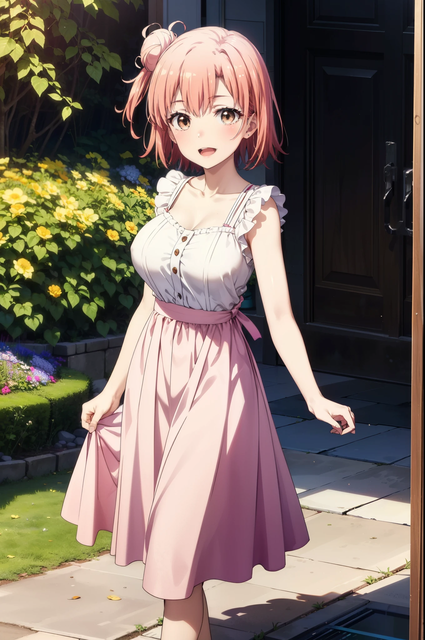 yuiyuigahama, yui yuigahama, short hair, (Brown eyes:1.5), (Pink Hair:1.2), Hair Bun, single Hair Bun, smile, (Big Breasts:1.2),happy smile, smile, Open your mouth,
, Sleeveless pink dress,Pink long skirt,Cute Sandals,walking,Real Summer,Daytime,sunny,whole bodyがイラストの中に入っていくように,
break outdoors ,garden, break looking at viewer, whole body,
break (masterpiece:1.2), highest quality, High resolution, unity 8k wallpaper, (shape:0.8), (Beautiful and beautiful eyes:1.6), Highly detailed face, Perfect lighting, Extremely detailed CG, (Perfect hands, Perfect Anatomy),
