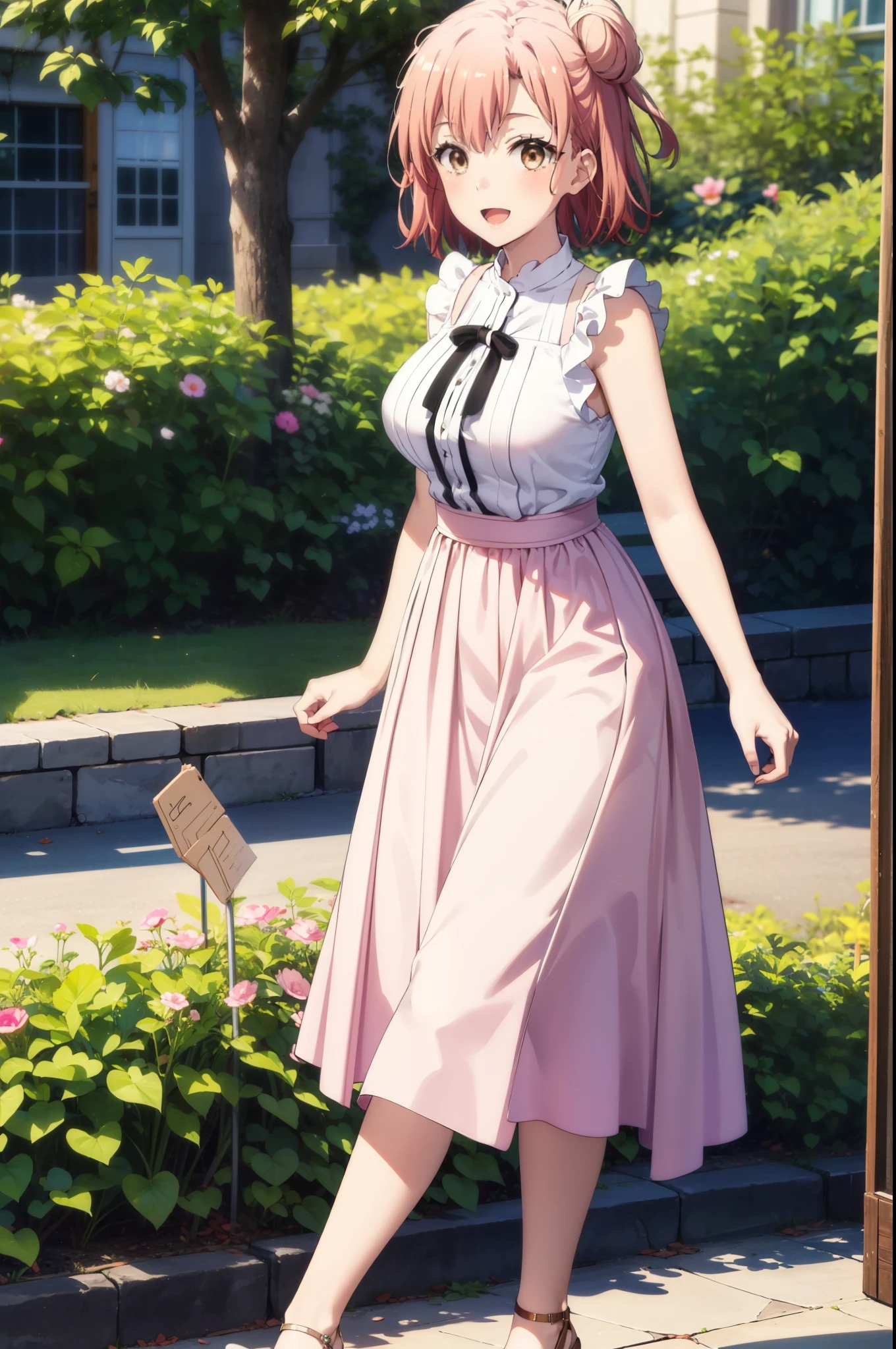 yuiyuigahama, yui yuigahama, short hair, (Brown eyes:1.5), (Pink Hair:1.2), Hair Bun, single Hair Bun, smile, (Big Breasts:1.2),happy smile, smile, Open your mouth,
, Sleeveless pink dress,Pink long skirt,Cute Sandals,walking,Real Summer,Daytime,sunny,whole bodyがイラストの中に入っていくように,
break outdoors ,garden, break looking at viewer, whole body,
break (masterpiece:1.2), highest quality, High resolution, unity 8k wallpaper, (shape:0.8), (Beautiful and beautiful eyes:1.6), Highly detailed face, Perfect lighting, Extremely detailed CG, (Perfect hands, Perfect Anatomy),