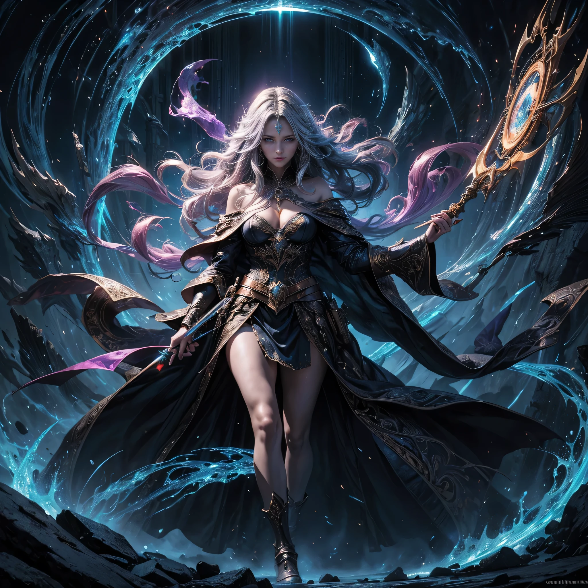 masterpiece, best quality, ultra detailed, high resolution, digital art, image of a powerful sorceress with revealing robes, surrounded by arcane tomes and casting spells amidst swirling mystical energy, cinematic shot, wide angle, volumetric lighting