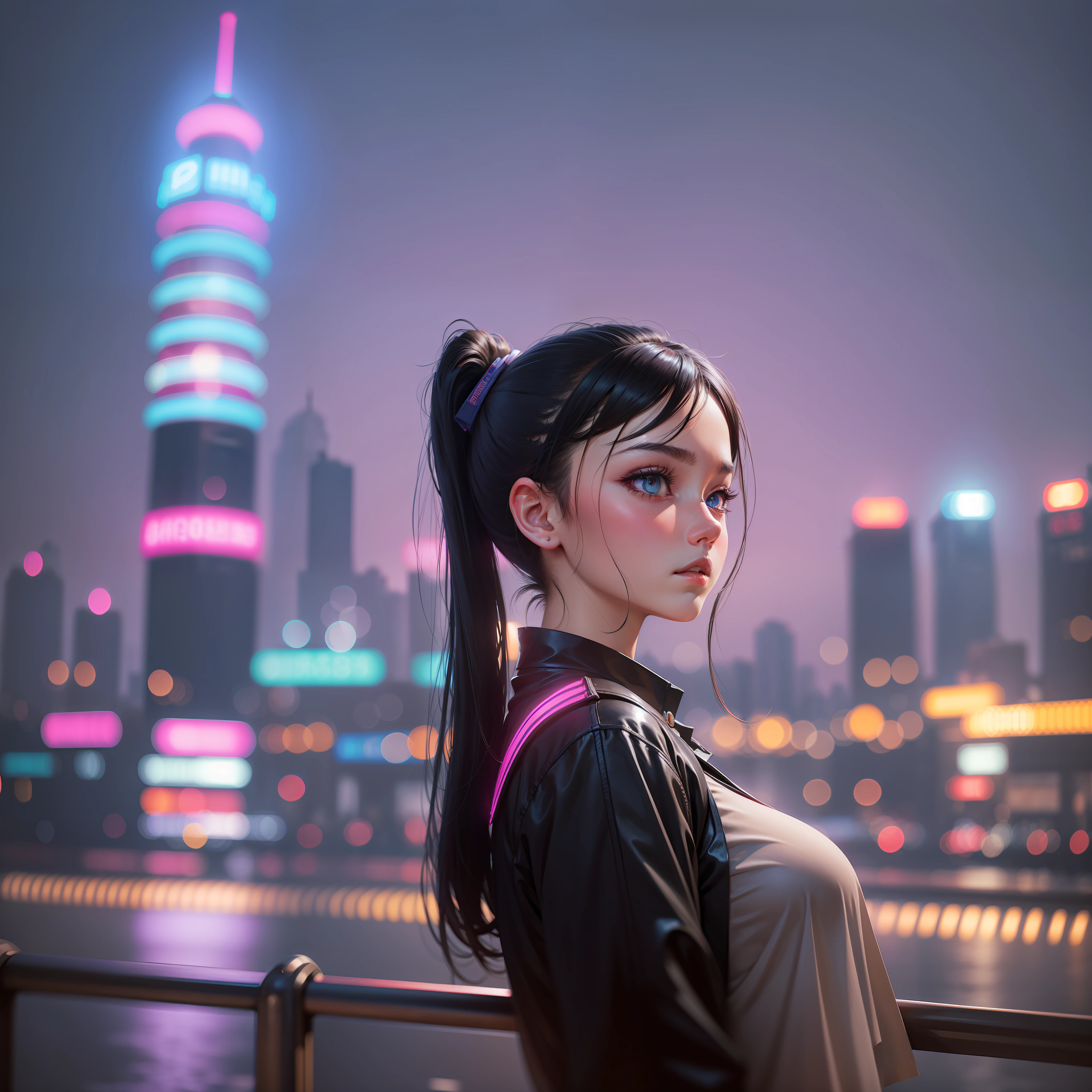 (Background of Guangzhou landmark building), Bustling night in vehicles, Neon flashing, girl, Looking at the sky in a daze, medium , 22 years old, short ponytail, heterochromia, UHD, anatomically correct, high details, 16k