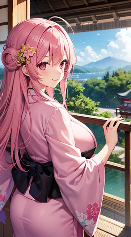 1 girl, game CG, pink kimono, hair ornament, gigantic breasts, pink hair, long hair, straight hair, ahoge, pink eyes, smile, Japanese scenery, back view, tight kimono,
