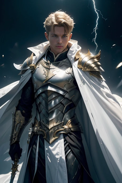 (master piece:1.5), (best quality:1.5), (exquisite lighting and shadow, highly dramatic picture, cinematic lens effect) (Photorealistic picture) highly detailed, realistic, cinematic lighting, studio quality, 8k, wallpaper, dynamic pose, anatomy correct, epic fantasy digital art, Epic composition, full body short black hair pale Male paladin wearing a white leather armor under a shiny white intricate elaborated plate chest armor with gold lightnings accents, long white cape with gold lightnings ornaments, holding a great white lightning sword, white lightning, white storm background, lightnings
