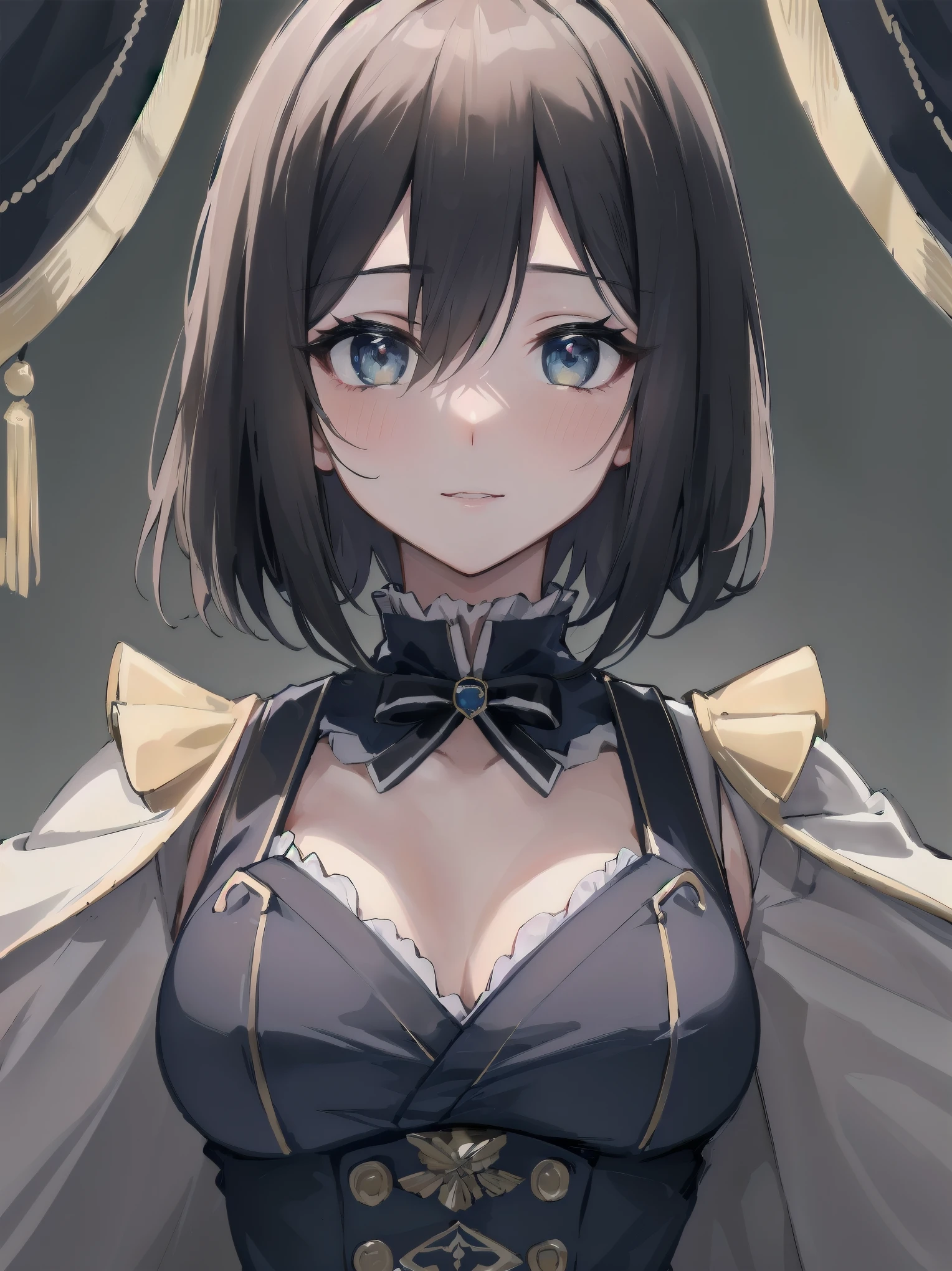 (((( top quality, masterpiece )))), ultra-detailed illustrations, realistic skin texture, depth of detail and overwhelming amount of writing, BREAK. One girl, solo, lolita, only daughter of a marquise, Japanese, complex, detailed and realistic face, super beautiful, super model body, BREAK. Black hair, one-length bob cut in front, braided, hair between eyes, perfect and complex eyes, BREAK. Luxury goods brand uniform, lovely, intricate and stylish uniform, BREAK. Kawaii, blush, downcast expression, burst of laughter, looking at you with luminous eyes, captivating with mocking gestures, BREAK. Backgrounds in various places and scenes, diverse crowd, overwhelming amount of writing, cute girls of uneven ages, BREAK. Film scene, model shoot, professional light source, bold model