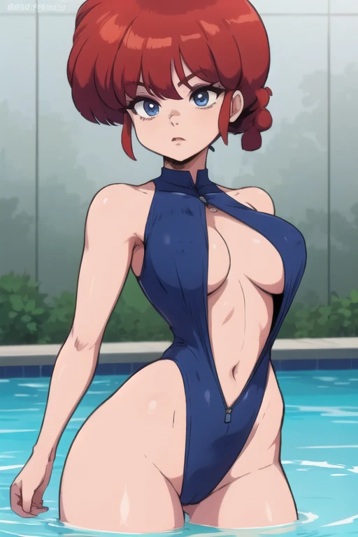 RanmaChan, cabello rojo, Cabello con trenza, ojos azules, ojos detallados, cuerpo completo, lindo, sexyrobutts, 【Costume】 Center Opening Front Zipper Swimsuit/Open, alberca, bathing in the pool, mujer mojada