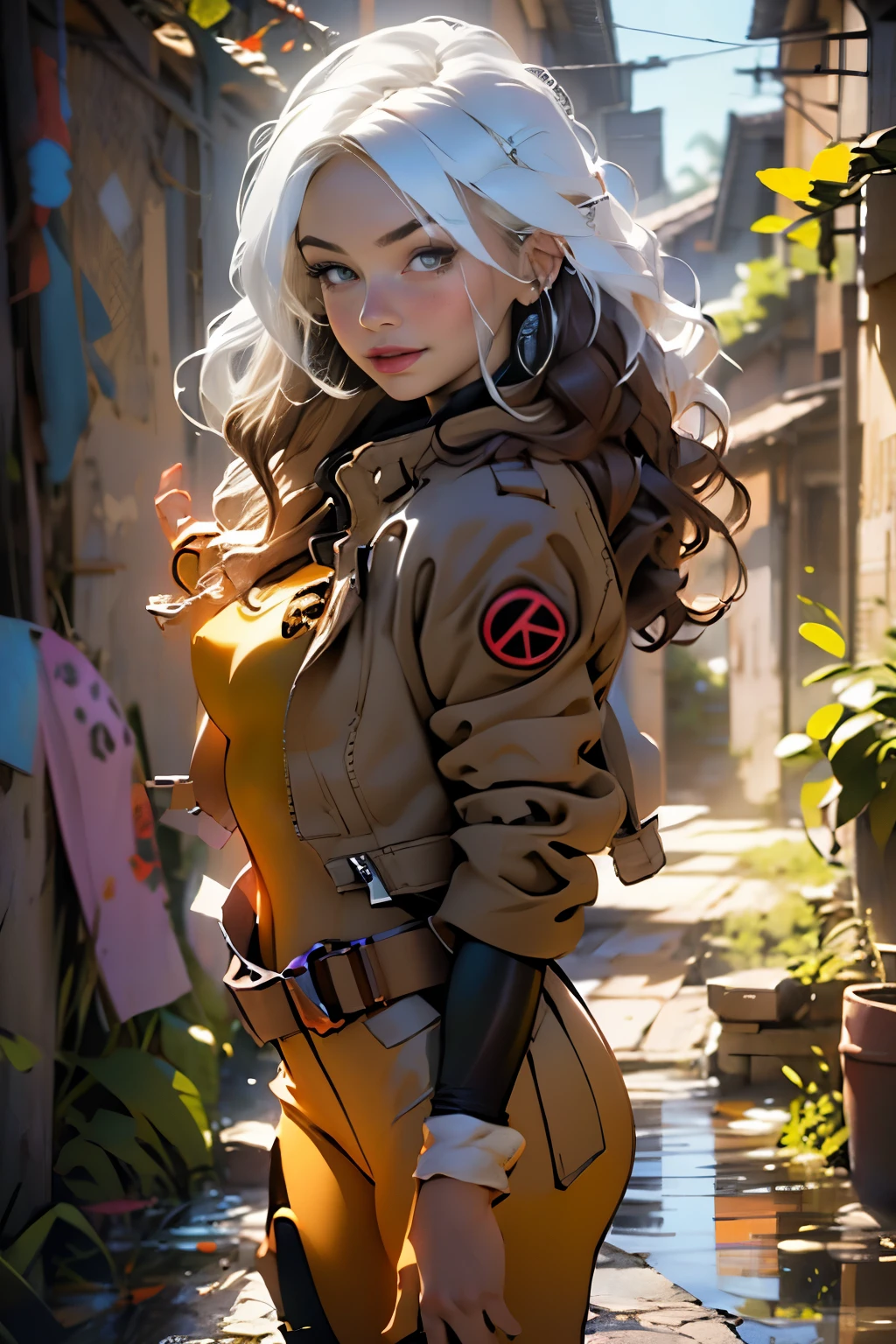 (masterpiece:1.0), (best_quality:1.2), (darkshot:1.1), 1 girl, Only, full body view, night time, facing the viewer, medium length hair, brown hair, wavy hair, messy hair, one lock of white hair, mischievous look, smirking, parted lips, curvy figure, medium to large breasts, lipstick, makeup, jacket, open jacket, character accurate bodysuit, Looking at the Viewer, sunlight, sunrays, light source from the side, (realism: 1.5), (Realistic: 1.4), (Absurdity:1.4), 8k, ultra-detailed, Detailed Beautiful Woman, (only:1.4), 1girl, midnight setting, background of garden, stone walls and pathways, wisteria trees, outside of mansion, official art, extremely detailed CG unity 8k wallpaper, perfect lighting, Colorful, ultra high res, photography, 8K, HDR, Kodak portra 400, film grain, blurry background, (bokeh:1.2), (vibrant_color:1.2), professional photograph
