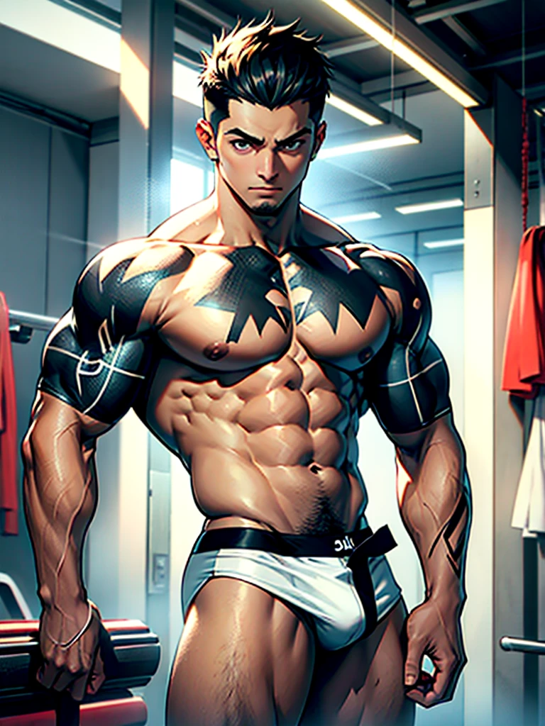 Obra maestra, mejor calidad, Obra maestra, calidad divina, arte divino, cara muy detallada, cuerpo completo, muy realista, hombre, muscular man, pelo negro, peinado, ojos negros, apuesto, peleador, tatuaje en hombros, luchador, torso desnudo, short deportivo, manos vendadas, serio, sudoroso, gimnasio, pose de pelea.