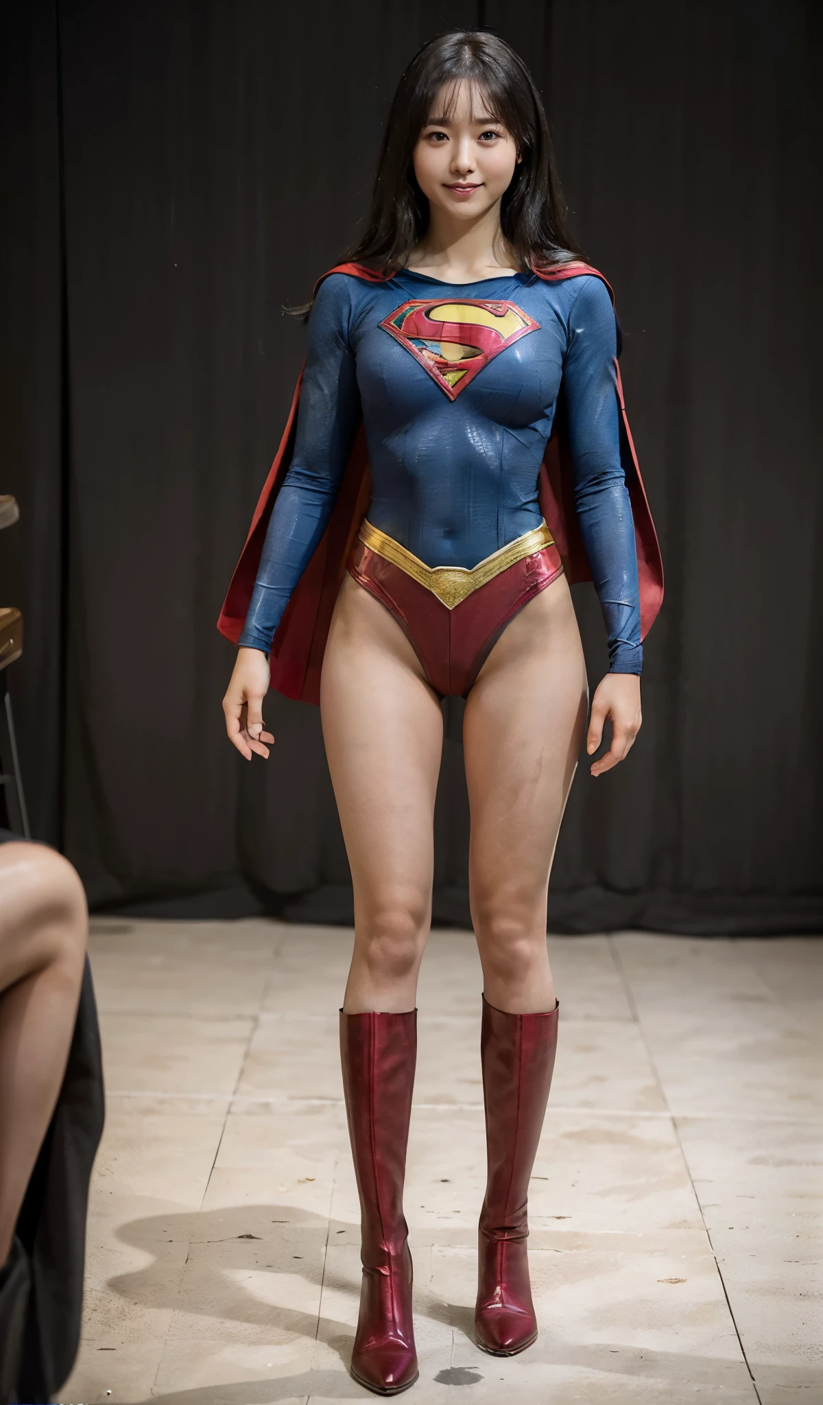 No background、(((Improve your style)))、(((Model Body Type)))、(((Beautiful legs in black tights.)))、(((Legally express the beauty of your smile)))、((((Make the most of your original images)))、(((Supergirl Costume)))、(((A form-fitting Supergirl costume)))、(((Beautiful Hair)))、(((suffering)))、(((Please wear black tights....、Wear red boots)))、((Best image quality、8k))、((highest quality、8k、masterpiece:1.3))、(((Preserve background )))、Sharp focus:1.2、Beautiful woman with perfect figure:1.4、Slim Abs:1.2、Wet body:1.5、Highly detailed face and skin texture、8k