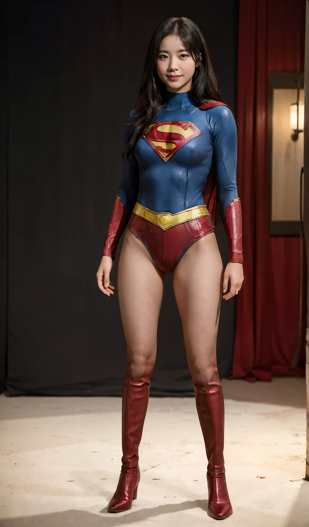 No background、(((Improve your style)))、(((Model Body Type)))、(((Beautiful legs in black tights.)))、(((Legally express the beauty of your smile)))、((((Make the most of your original images)))、(((Supergirl Costume)))、(((A form-fitting Supergirl costume)))、(((Beautiful Hair)))、(((suffering)))、(((Please wear black tights....、Wear red boots)))、((Best image quality、8k))、((highest quality、8k、masterpiece:1.3))、(((Preserve background )))、Sharp focus:1.2、Beautiful woman with perfect figure:1.lim Abs:1.2、Wet body:1.5、Highly detailed face and skin texture、8k