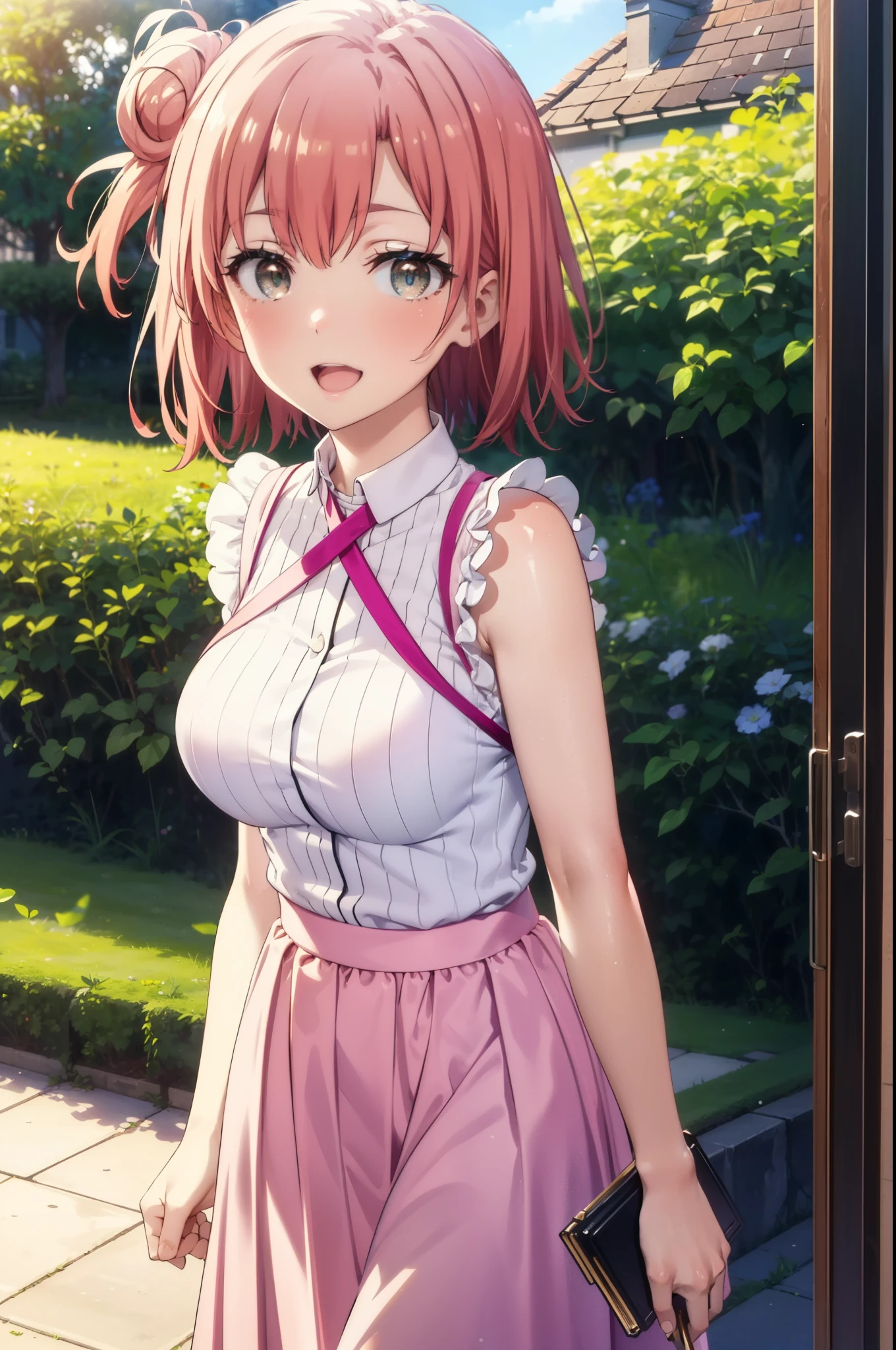 yuiyuigahama, yui yuigahama, short hair, (Brown eyes:1.5), (Pink Hair:1.2), Hair Bun, single Hair Bun, smile, (Big Breasts:1.2),happy smile, smile, Open your mouth,
, Sleeveless pink dress,Pink long skirt,Cute Sandals,walking,Real Summer,Daytime,sunny,whole bodyがイラストの中に入っていくように,
break outdoors ,garden, break looking at viewer, whole body,
break (masterpiece:1.2), highest quality, High resolution, unity 8k wallpaper, (shape:0.8), (Beautiful and beautiful eyes:1.6), Highly detailed face, Perfect lighting, Extremely detailed CG, (Perfect hands, Perfect Anatomy),