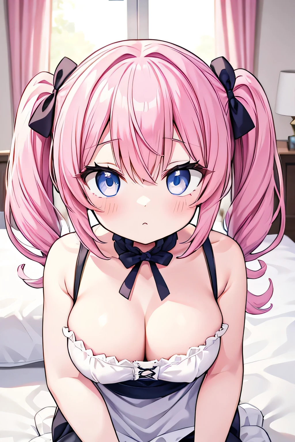 one house wife,twintails hair color is pink,cute,eyes are Blue,disproportionate breasts,dashed eyes The background is in the room,on the bed,crawling,water eye