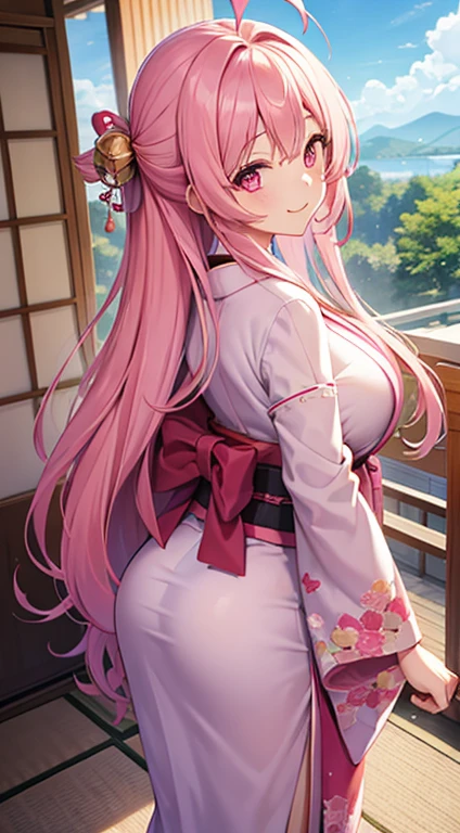 1 girl, game CG, pink kimono, hair ornament, ????????????????, pink hair, long hair, straight hair, ahoge, pink eyes, smile, Japanese scenery, back view, ???,