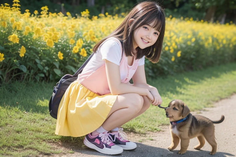 Highest quality,Very attractive with a backpack, (((Crouching and playing with a cute puppy))), Enjoy a lovely spring outing surrounded by beautiful yellow flowers and natural scenery. 1 girl,Cute face,smile,Mini skirt dress,Pink sneakers,The illustrations are in high resolution with 4K resolution., 12 year old girl with highly detailed facial features,Perfect hands,Perfect legs,