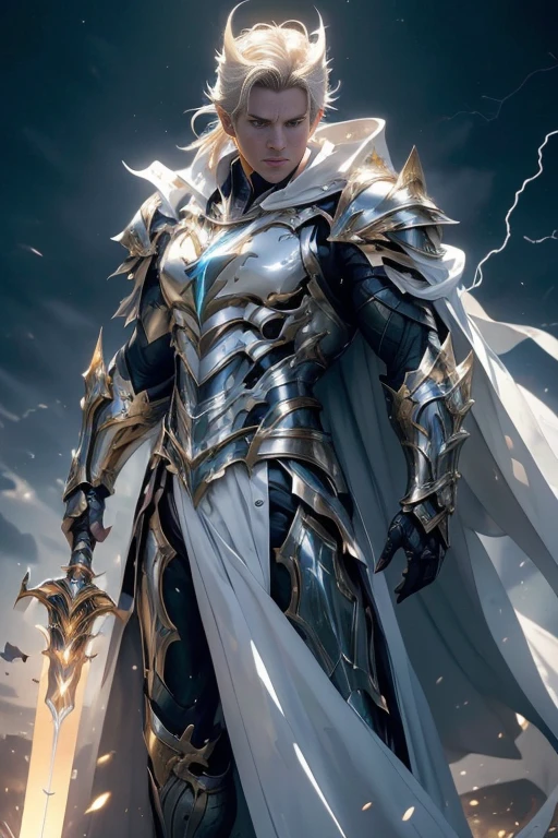 (master piece:1.5), (best quality:1.5), (exquisite lighting and shadow, highly dramatic picture, cinematic lens effect) (Photorealistic picture) highly detailed, realistic, cinematic lighting, studio quality, 8k, wallpaper, dynamic pose, anatomy correct, epic fantasy digital art, Epic composition, full body short black hair pale Male paladin wearing a white leather armor under a shiny white intricate elaborated plate chest armor with gold lightnings accents, long white cape with gold lightnings ornaments, holding a great white lightning sword, white lightning, white storm background, lightnings
