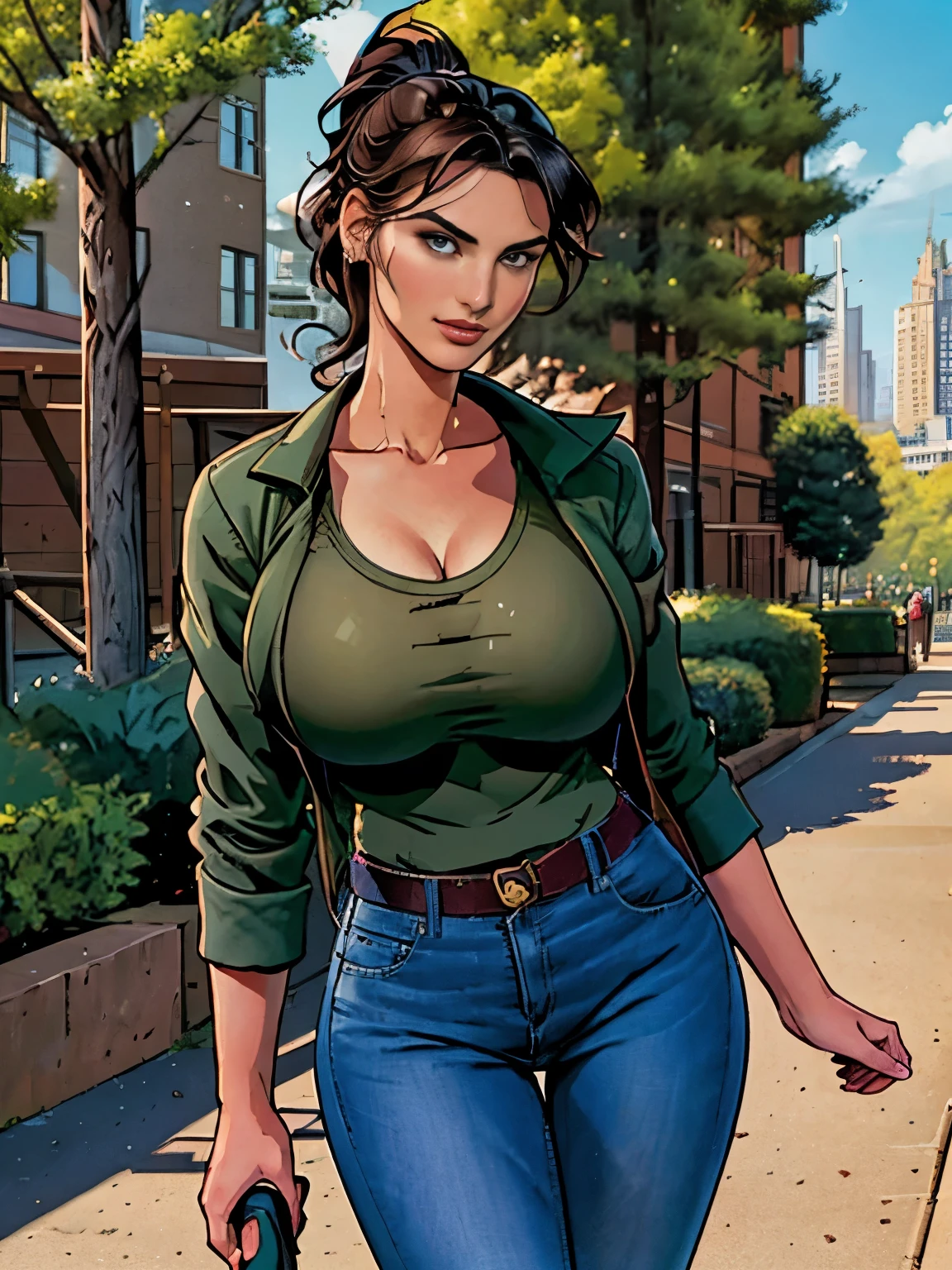(masterpiece, top quality, best quality, official art, beautiful and aesthetic:1.2), (1girl:1.3), dark brown hair pulled back, elegant updo, extremely detailed, portrait, looking at viewer, facing viewer, solo, (full body:0.6), detailed background, close up, kindly eyes, (warm summer park theme:1.1), busty woman, charlatan, smirk, mysterious, long hair, huge ponytail, slim, thin, athletic, womanly, elastic woman, dark green jacket, tank top, blue jeans, hair bandana, camera bag, brunette, city, heroic, cheerful, city exterior, park, street, daylight, soft lighting, natural lighting, athletic, strong, slim waist, slim hips, long legs, muscular legs, modern (city park exterior:1.1) background, bright mysterious lighting, shadows, magical atmosphere, dutch angle, (Abigail Shapiro)