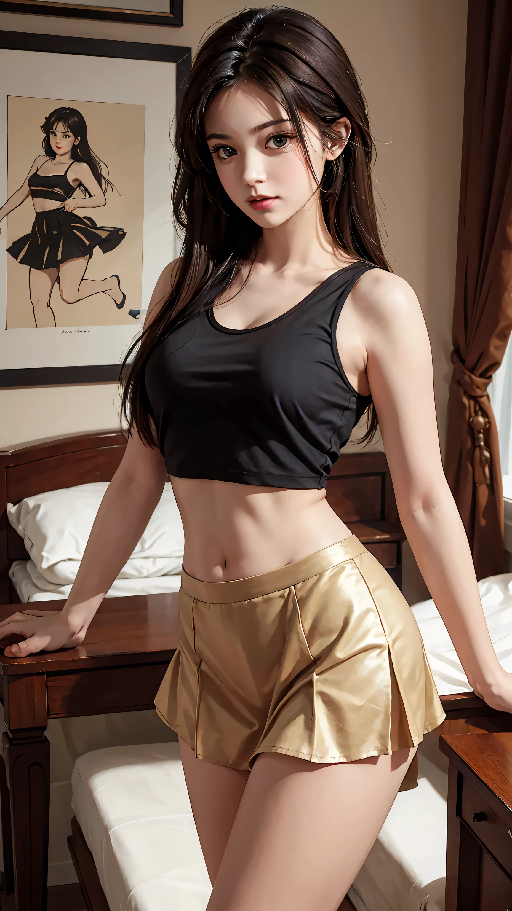 Masterpiece, best quality, super fine, 16k, incredibly absurdres, extremely detailed, beautiful woman, amorous and lewd expression, She is wearing a loose-fitting tank top, and mini skirt, superlative body proportion, bedroom,