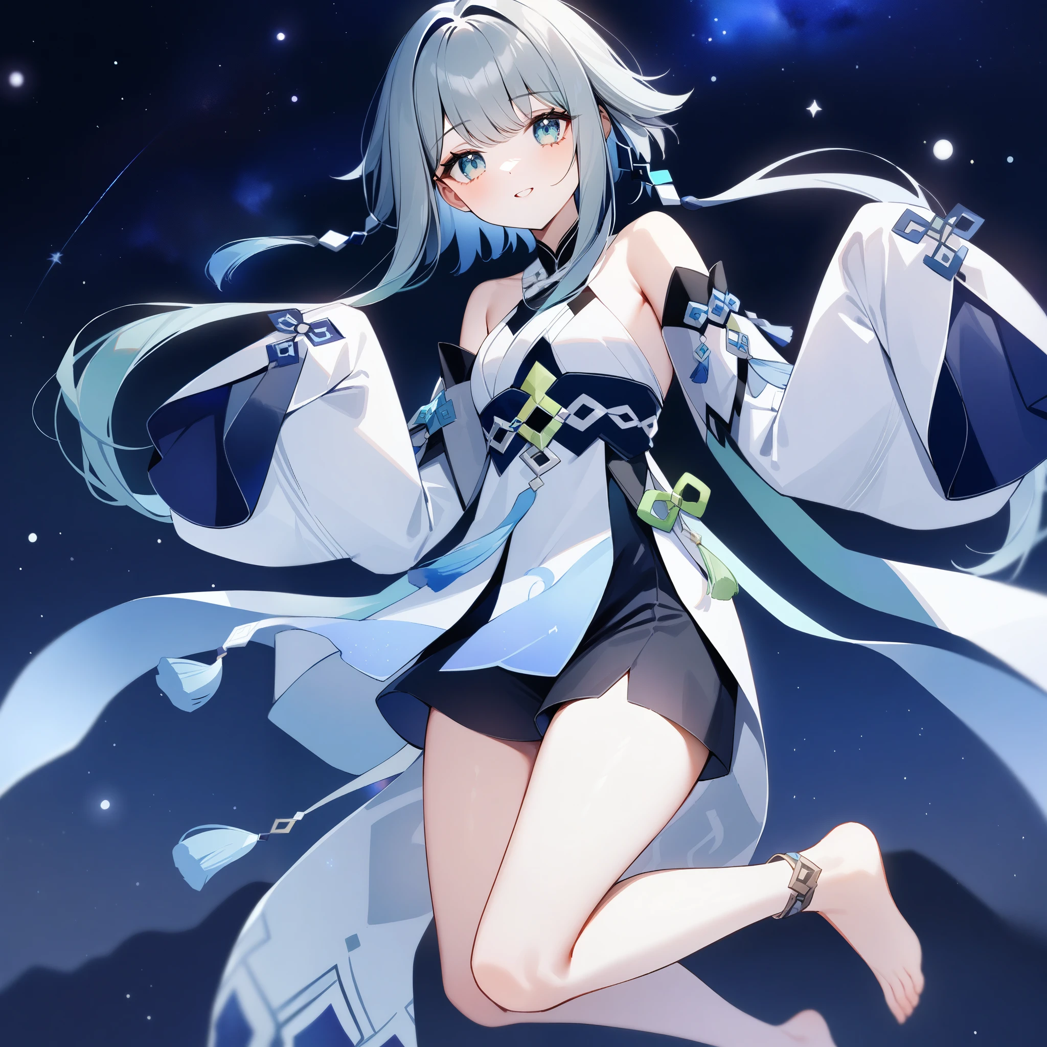 1girl,guizhong_\(genshin_impact\),short_hair_with_long_locks,grey gradient hair,sleeves_past_fingers,short_dress,happy,starry sky,moonlight,glossy lips,light bluegreen eyes,watercolor,anklet,halter_top,white clothes,black shorts,highly detailed,digital painting,bare_shoulders,barefoot,cool night tones, magical night scene,starry_sky_print,detached_sleeves,masterpiece,best quality,newest,very aesthetic,dsmile