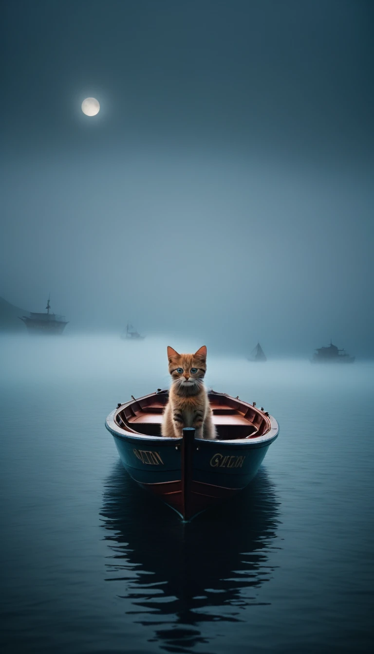 Shrouded in a vast ocean covered with thick fog,Kitten on the boat,Felicia Simien and Studio Ghibli-style minimalist photography come to Adventure,Maximalism,art,Cinema Lighting,Negative Space,Dark Arts,Surrealism