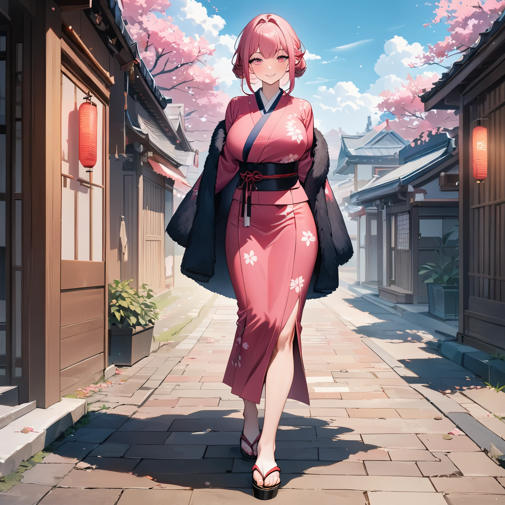 a woman wearing pink yukata with black details, flowers drawn on the yukata, black fur cape, long hot pink hair, pink eyes, large breasts, traditional Japanese footwear, walking on a traditional Japanese sidewalk, sakura trees with sakura leaves falling in place. Japanese houses background, blue sky, clouds, full body, smiling, bokeh effect,, 8k, super detail, ccurate, best quality, highres, award winning, textured skin, anatomically correct, ccurate, retina, UHD( solo woman)
