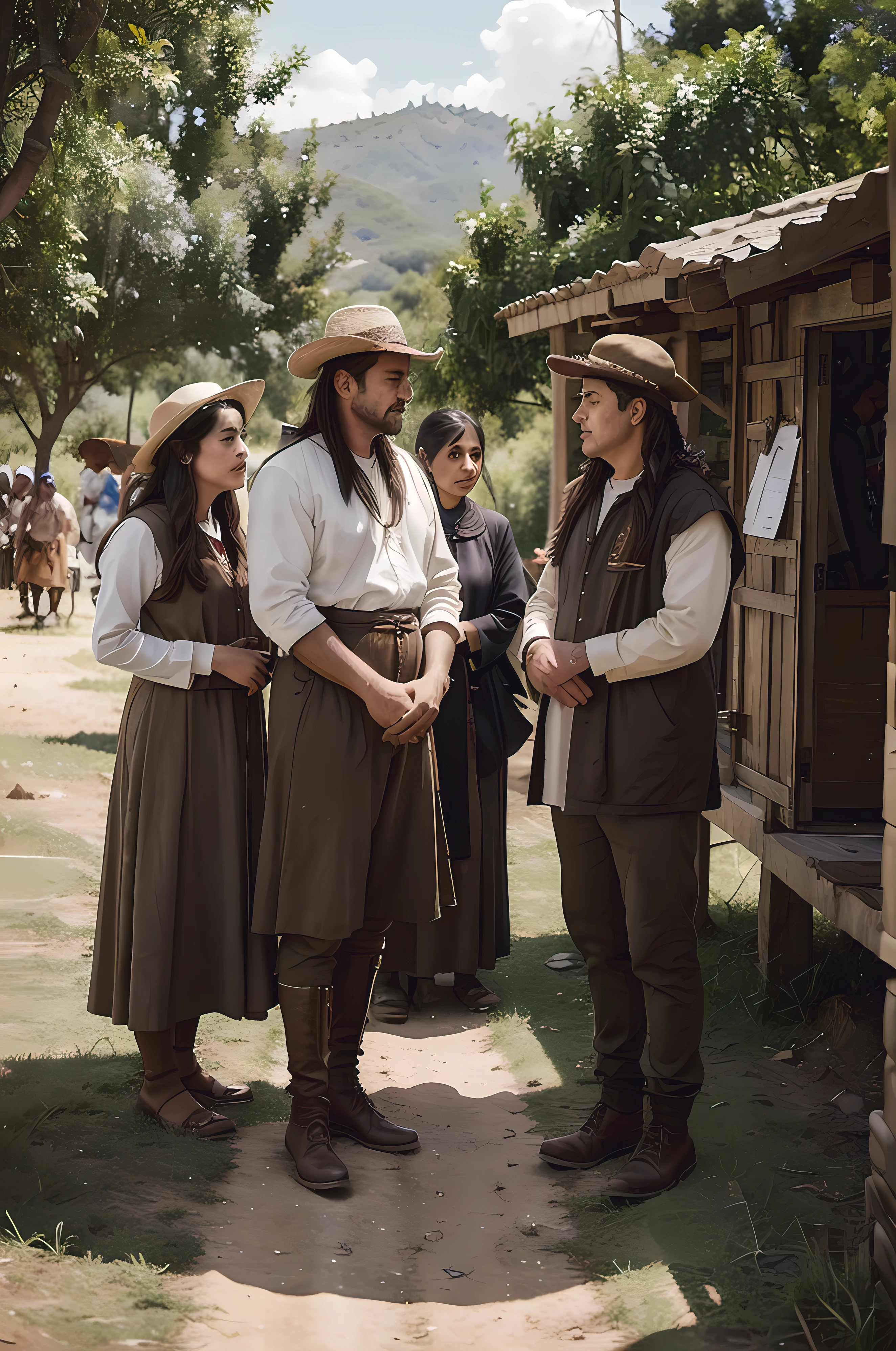 Imagen: Los aldeanos preocupados y discutiendo.
Texto: "The villagers gather, preocupados por el futuro de sus hogares y familias."
