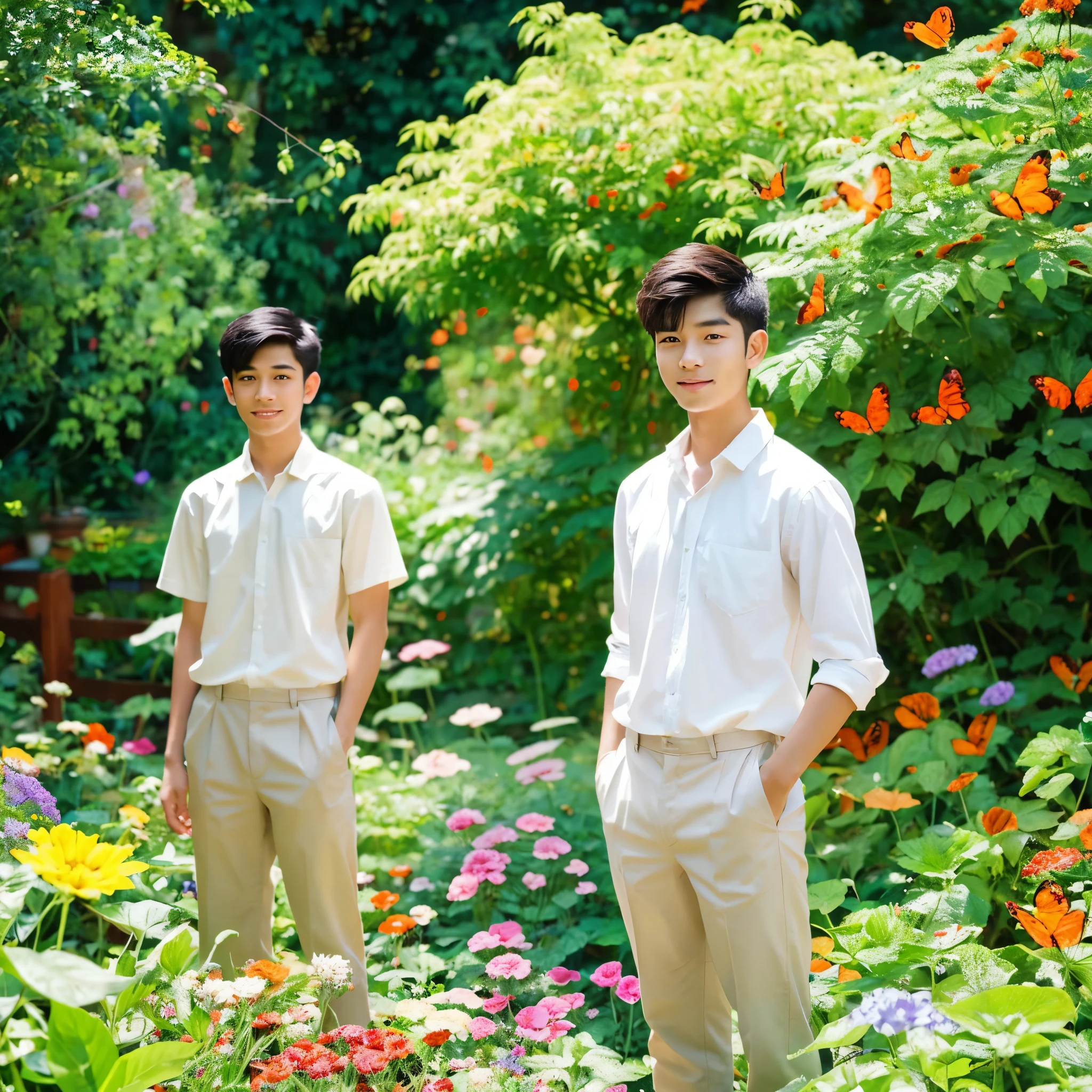 A ASIAN BOY 18 YEAR OLD STANDING IN A GARDEN SURROUNDED BY BUTTERFLIES, HOLDING A FLOWER