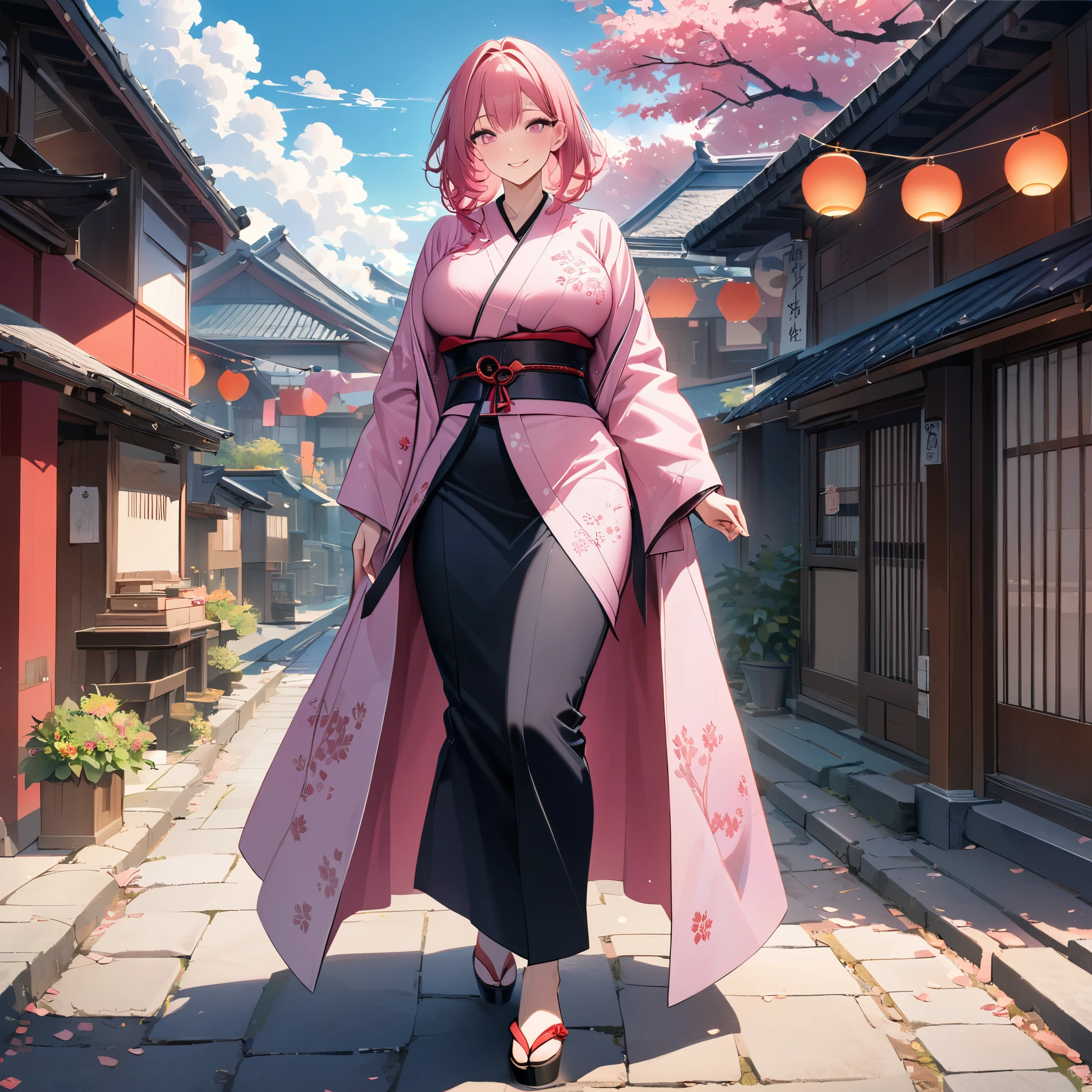 a woman wearing pink yukata with black details, flowers drawn on the yukata, black fur cape, long hot pink hair, pink eyes, large breasts, traditional Japanese footwear, walking on a traditional Japanese sidewalk, sakura trees with sakura leaves falling in place. Japanese houses background, blue sky, clouds, full body, smiling, bokeh effect,, 8k, super detail, ccurate, best quality, highres, award winning, textured skin, anatomically correct, ccurate, retina, UHD( solo woman)
