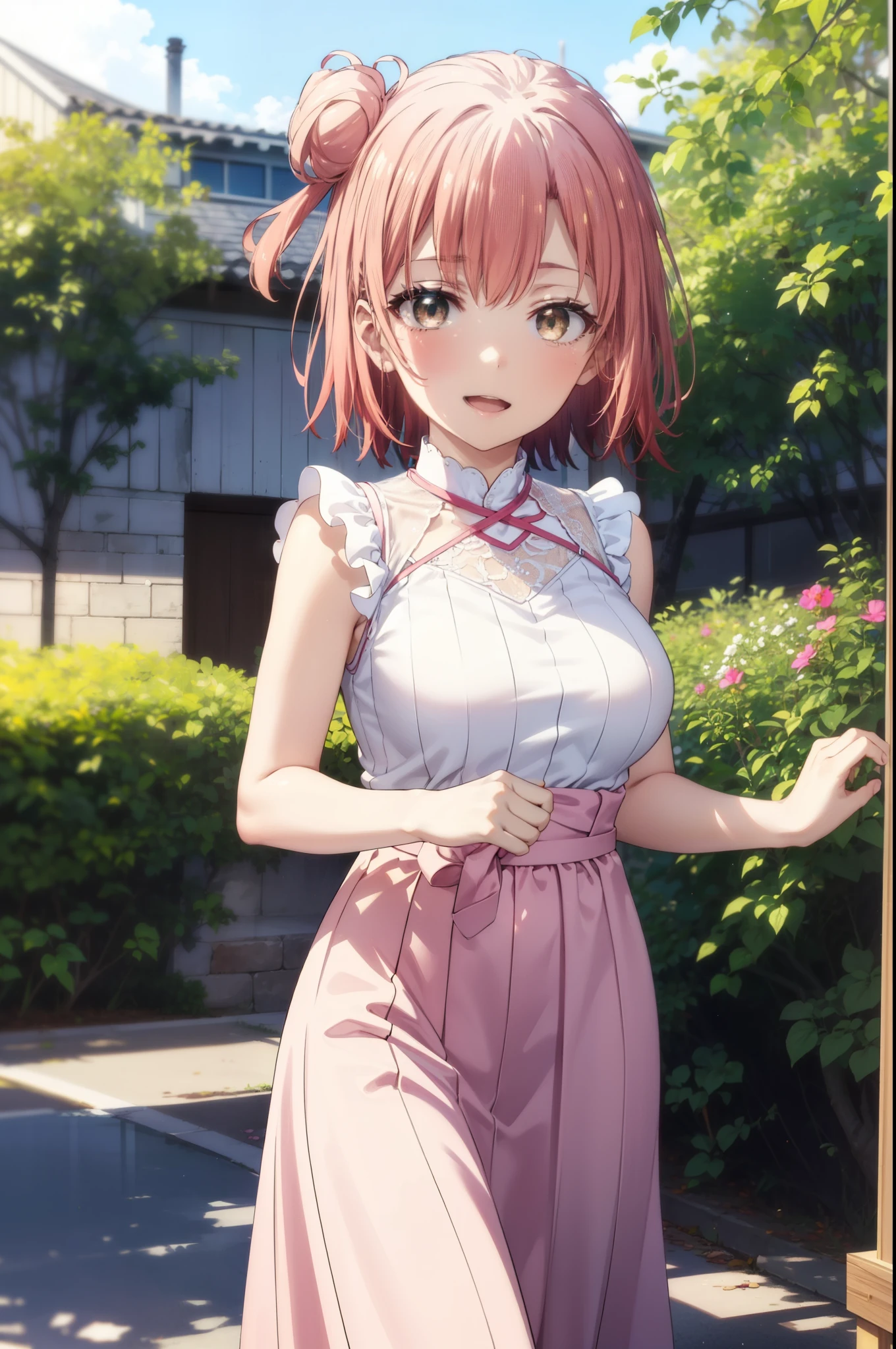yuiyuigahama, yui yuigahama, short hair, (Brown eyes:1.5), (Pink Hair:1.2), Hair Bun, single Hair Bun, smile, (Big Breasts:1.2),happy smile, smile, Open your mouth,
, Sleeveless pink dress,Pink long skirt,Cute Sandals,walking,Real Summer,Daytime,sunny,whole bodyがイラストの中に入っていくように,
break outdoors ,garden, break looking at viewer, whole body,
break (masterpiece:1.2), highest quality, High resolution, unity 8k wallpaper, (shape:0.8), (Beautiful and beautiful eyes:1.6), Highly detailed face, Perfect lighting, Extremely detailed CG, (Perfect hands, Perfect Anatomy),