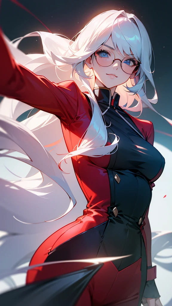 Counterfeit-V3.0, Beautiful ANIME woman in the same terno red outfit of officewear professional dress, 38 size large bust, sassy in front of her advanced ipad with her nerdy sunglass smirking, realistic and detailed, best quality, new york, masterpiece, 8k and Ultra HD and clear picture no blurry parts, no extra fingers and complete flawless fingers and perfect arms and fingers' position, half body sideways camera on her face, everything in detail, white long hair with bangs, blue eyes, perfect generic body shape, happy soft features