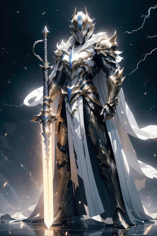 (master piece:1.5), (best quality:1.5), (exquisite lighting and shadow, highly dramatic picture, cinematic lens effect) (Photorealistic picture) highly detailed, realistic, cinematic lighting, studio quality, 8k, wallpaper, dynamic pose, ??????? correct, epic fantasy digital art, Epic composition, full body short black hair pale Male paladin wearing a white leather armor under a shiny white intricate elaborated plate chest armor with gold lightnings accents, elaborated white helmet with gold lightning accents, long white cape with gold lightnings ornaments, holding a great white lightning sword, white lightning, white storm background, lightnings
