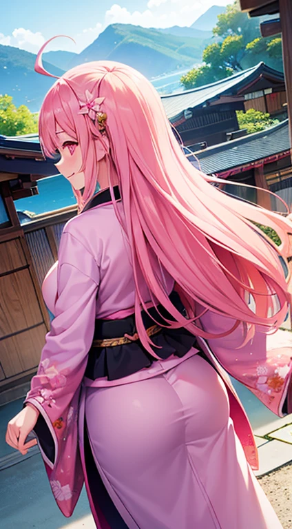 1 girl, game CG, pink kimono, hair ornament, gigantic breasts, pink hair, long hair, straight hair, ahoge, pink eyes, smile, Japanese scenery, back view, ass,