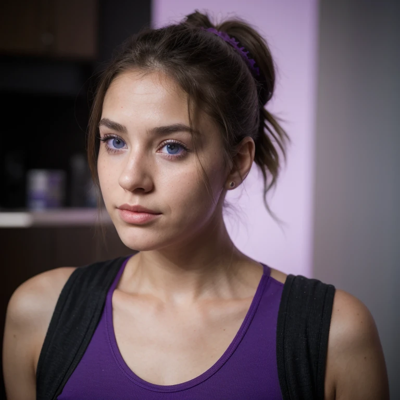 photo of a college student, in Purple Pink, futuristic space suit, (freckles:0.8) cute face, sci-fi, dystopian, detailed eyes, cobalt blue eyes（（Side view））