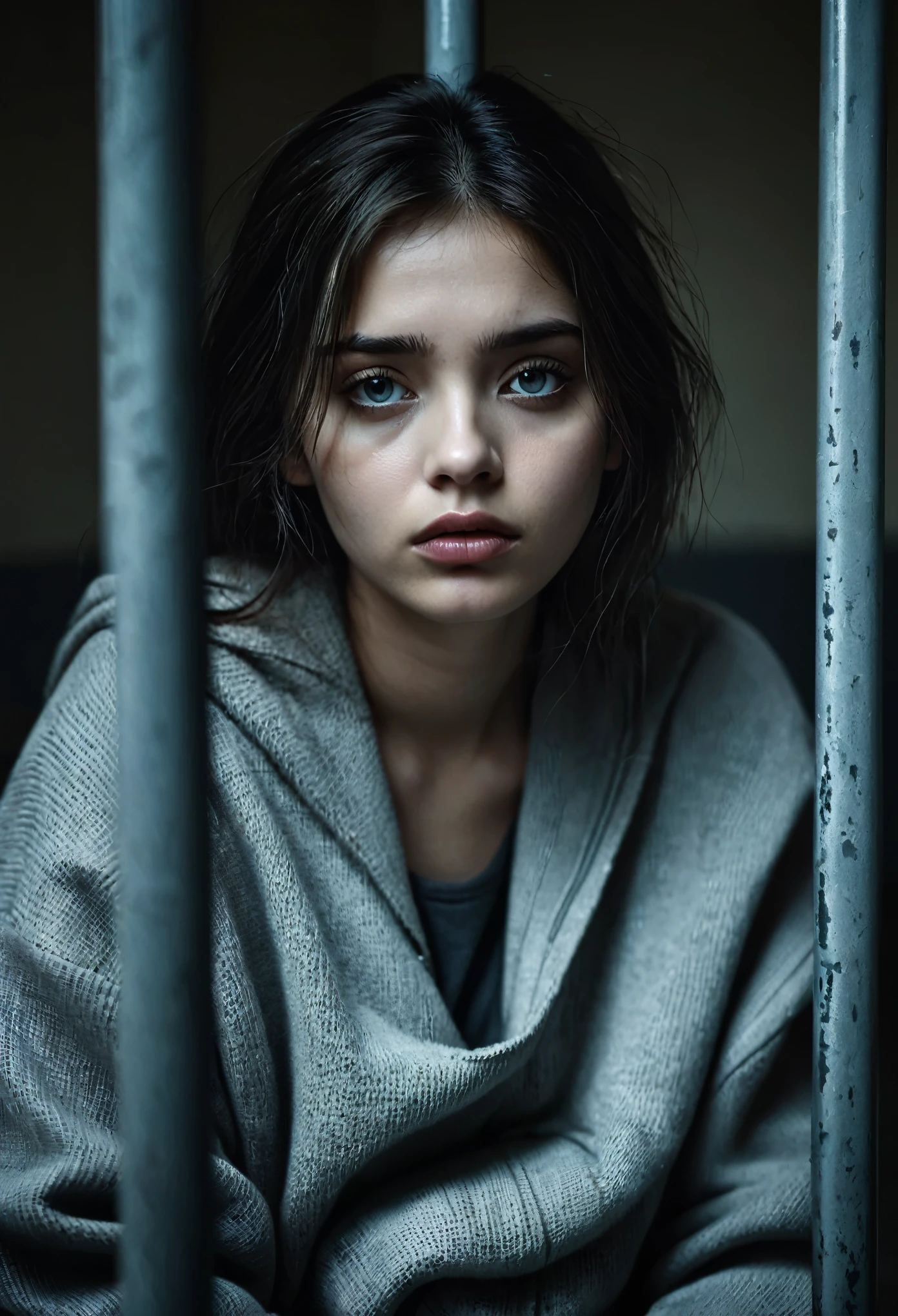 (best quality, highres, realistic:1.37), detailed eyes and face, beautiful lips, girl sitting in a detention center with iron bars, gloomy atmosphere, melancholy expression, dim lighting, black-and-white photography, cold colors, despair, isolation, desolation