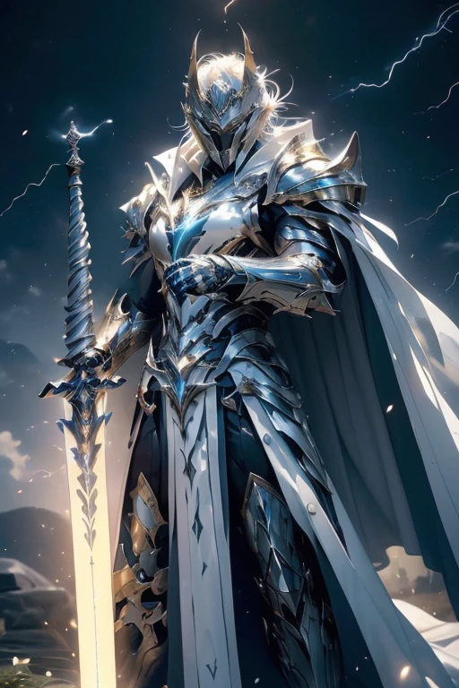 (master piece:1.5), (best quality:1.5), (exquisite lighting and shadow, highly dramatic picture, cinematic lens effect) (Photorealistic picture) highly detailed, realistic, cinematic lighting, studio quality, 8k, wallpaper, dynamic pose, anatomy correct, epic fantasy digital art, Epic composition, full body short black hair pale Male paladin wearing a white leather armor under a shiny white intricate elaborated plate chest armor with gold lightnings accents, long white cape with gold lightnings ornaments, holding a great white lightning sword, white lightning, white storm background, lightnings
