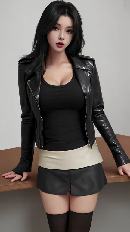 Beautiful girl, black hair, big breasts, wearing a bare-chested leather jacket ,wear shorts skirt, wear stockings, on the table, in the police office.