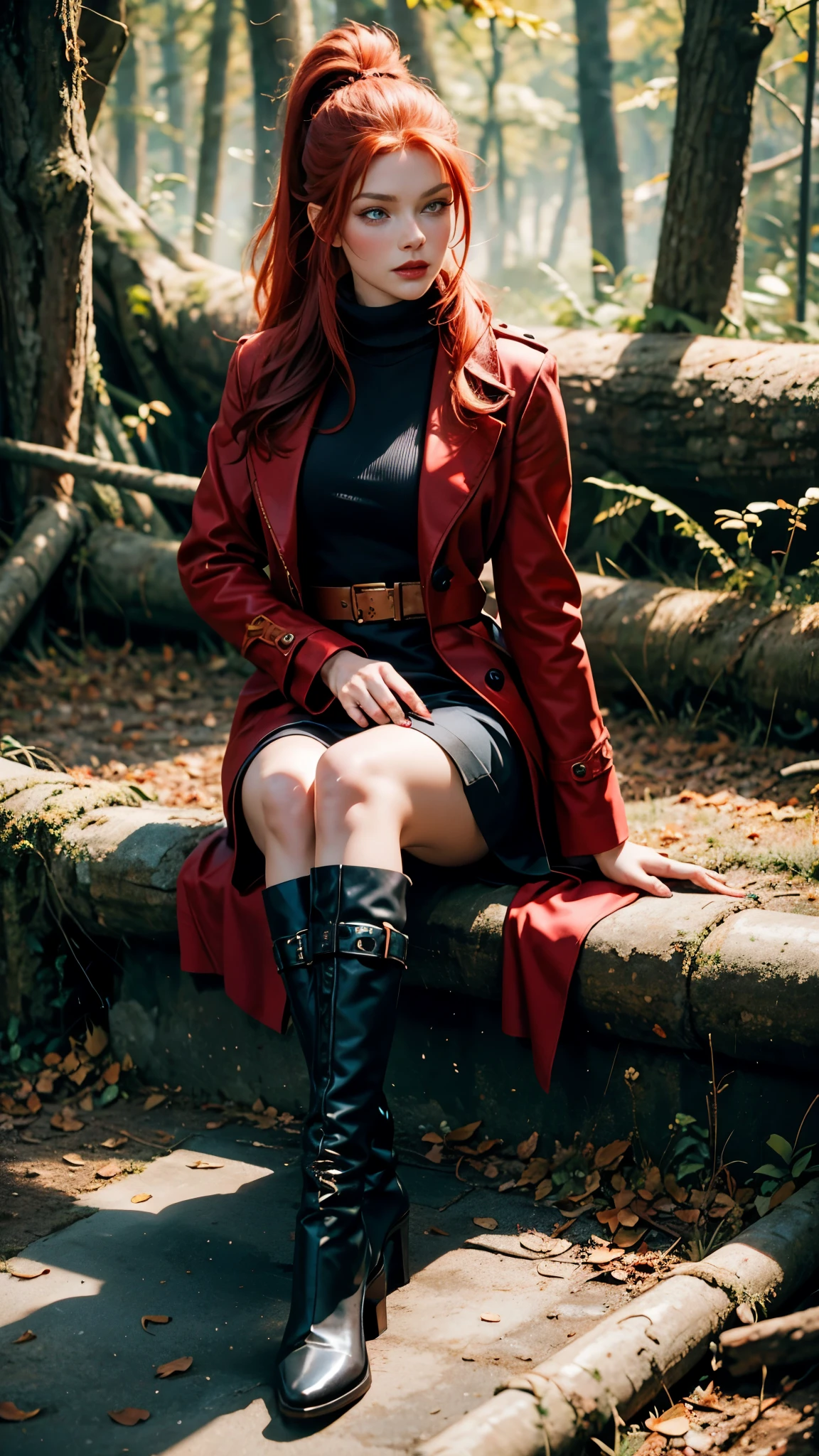 A beautiful redhead with a ponytail, in elegant black boots, elegant, beautiful female red coat, red painted nails, blue eyes, Beautiful woman, forest, 4K, sitting