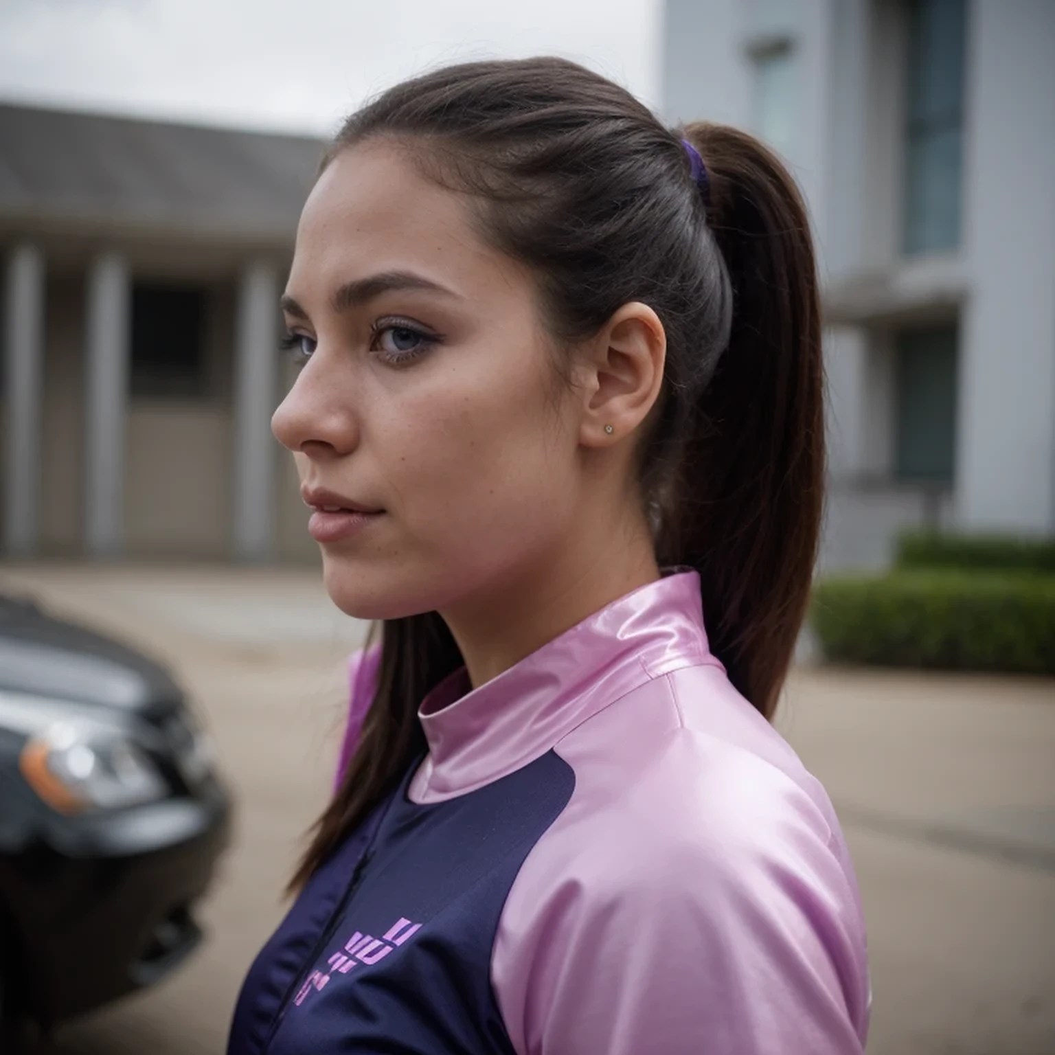 photo of a college student, in Purple Pink, futuristic space suit, (freckles:0.8) cute face, sci-fi, dystopian, detailed eyes, cobalt blue eyes((Side view))