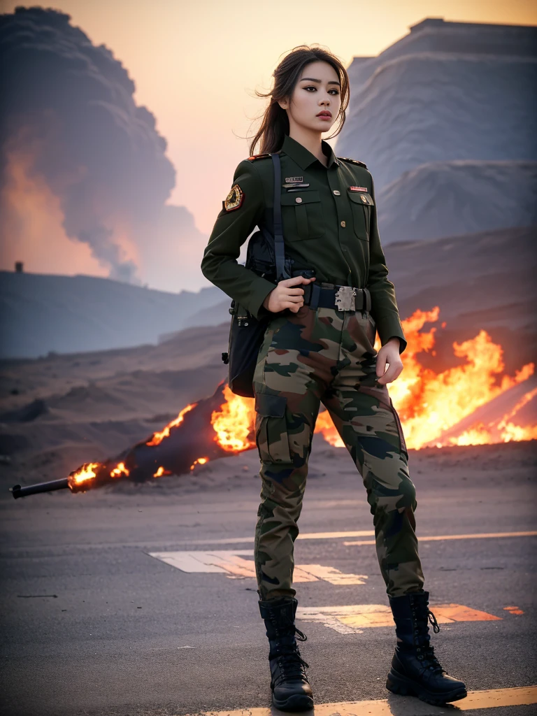 Fashion female model 18 years old ，He has a submachine gun in his hand，The firelight illuminated her face，，Divine eye，Sexy lips，high nose，Human Development Report，girl，(((沙漠迷彩military uniform)))，military uniform，Military belt，Tactical camouflage pants，Delicate face，Sexy bulge，，Breast augmentation，Buttocks fat，The background is the Middle East battlefield，Smoke，Fire rushed into the sky，combustion，City ruins，4k ultra high definition, Ultra-high resolution, (lifelike: 1.4), best quality，masterpiece，Professional photography。