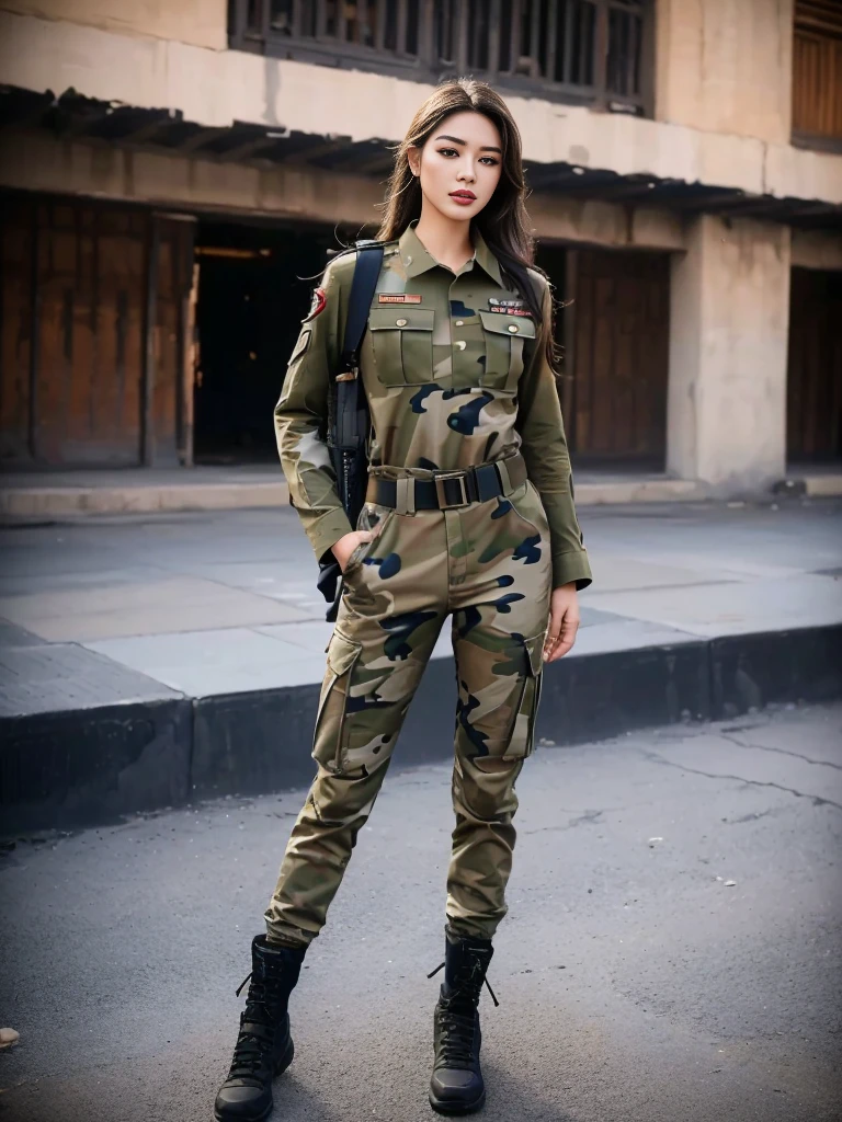 Fashion female model 18 years old ,He has a submachine gun in his hand,The firelight illuminated her face,,Divine eye,Sexy lips,high nose,Human Development Report,girl,(((沙漠迷彩military uniform))),military uniform,Military belt,Tactical camouflage pants,Delicate face,Sexy bulge,,Breast augmentation,Buttocks fat,The background is the Middle East battlefield,Smoke,Fire rushed into the sky,combustion,City ruins,4k ultra high definition, Ultra-high resolution, (lifelike: 1.4), best quality,masterpiece,Professional photography。