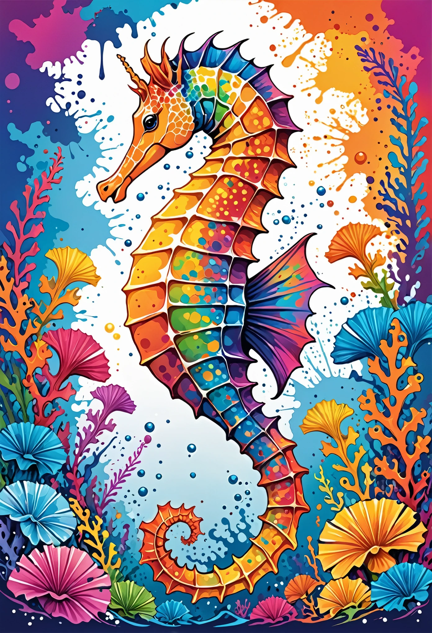 Vector Art, Colorful illustration with dense seahorse, In the center, Vibrant colors, Paint splatters and stains, High Detail,Underwater swimming background
