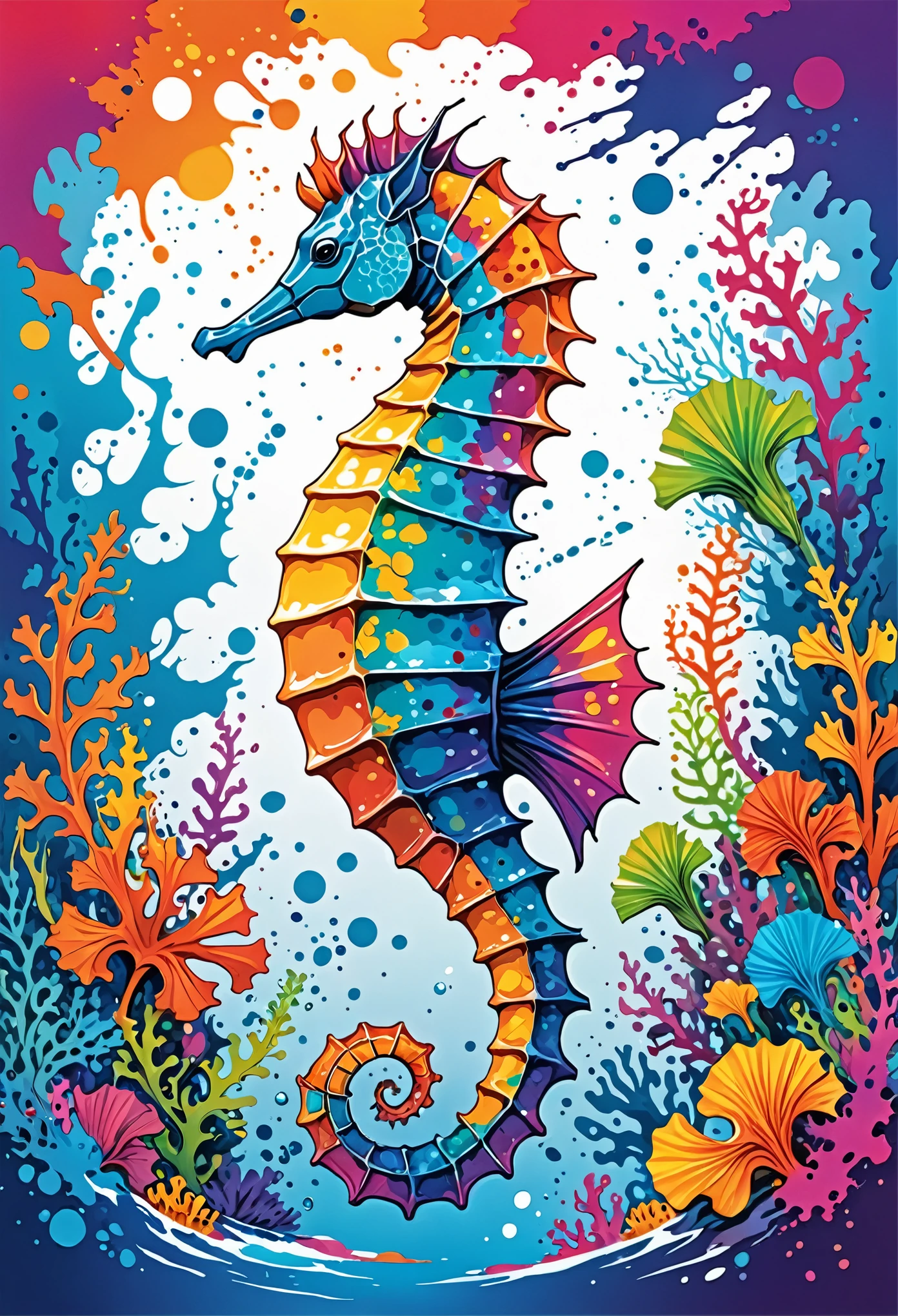 Vector Art, Colorful illustration with dense seahorse, In the center, Vibrant colors, Paint splatters and stains, High Detail,Underwater swimming background
