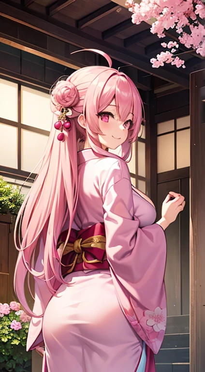 1 girl, game CG, pink kimono, hair ornament, gigantic breasts, pink hair, long hair, straight hair, ahoge, pink eyes, smile, Japanese scenery, back view, ass,
