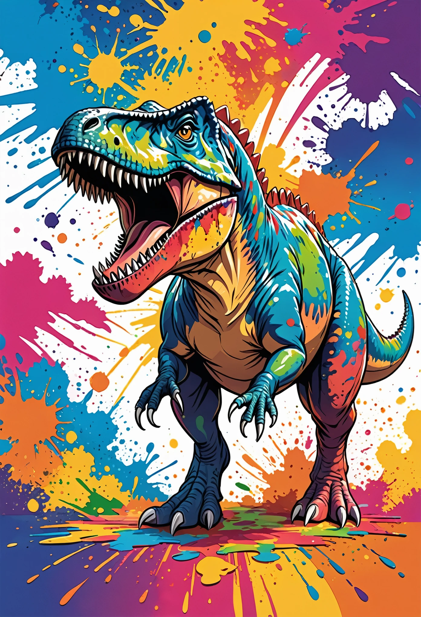 Vector Art, With colorful illustration of Tyrannosaurus Rex, In the center, Vibrant colors, Paint splatters and stains, High Detail,Hawaiian style background