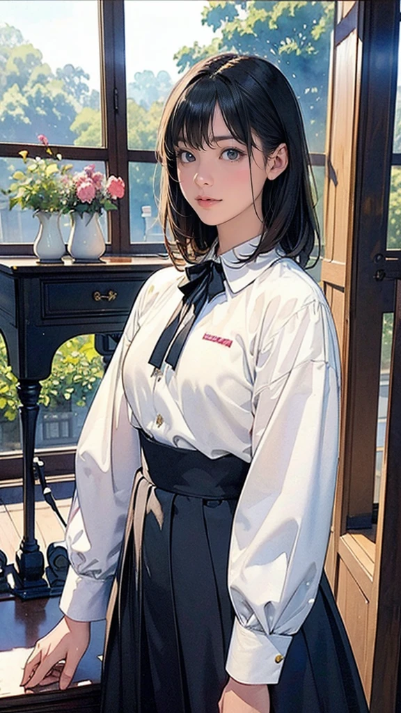 ((Watercolour by singer Sargent))、Impressionist style painting、The Art of Edouard Bisson、(highest quality、masterpiece)、1 girl、15 years old、wonderful、Short black hair、black eye、Small breasts、uniform、blouse、Long skirt、Glass House、Florist、table、Floral、Tea set、window、Aquarium、Foliage plant、 wood,Soft Light、(Vintage, Classic), (((big ))), ((15 years oldの日本人の女の子))