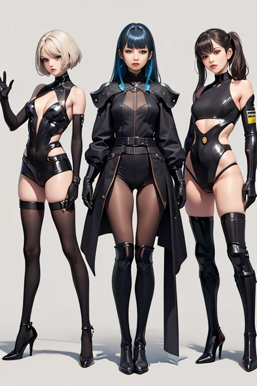 Women who mechanized their bodies, All perfect human faces, All of them are covered in metal exoskeletons except for their faces, tops and bottoms., Everyone is a different height, All bottoms、The tops vary in size and shape。 Masterpiece, group, Full Body Shot, They all have mechanical limbs., All of them have different limb shapes and colors., Multipose, All beautiful faces, Whole Body Mechanics, Some of them are swapping limbs with each other.,