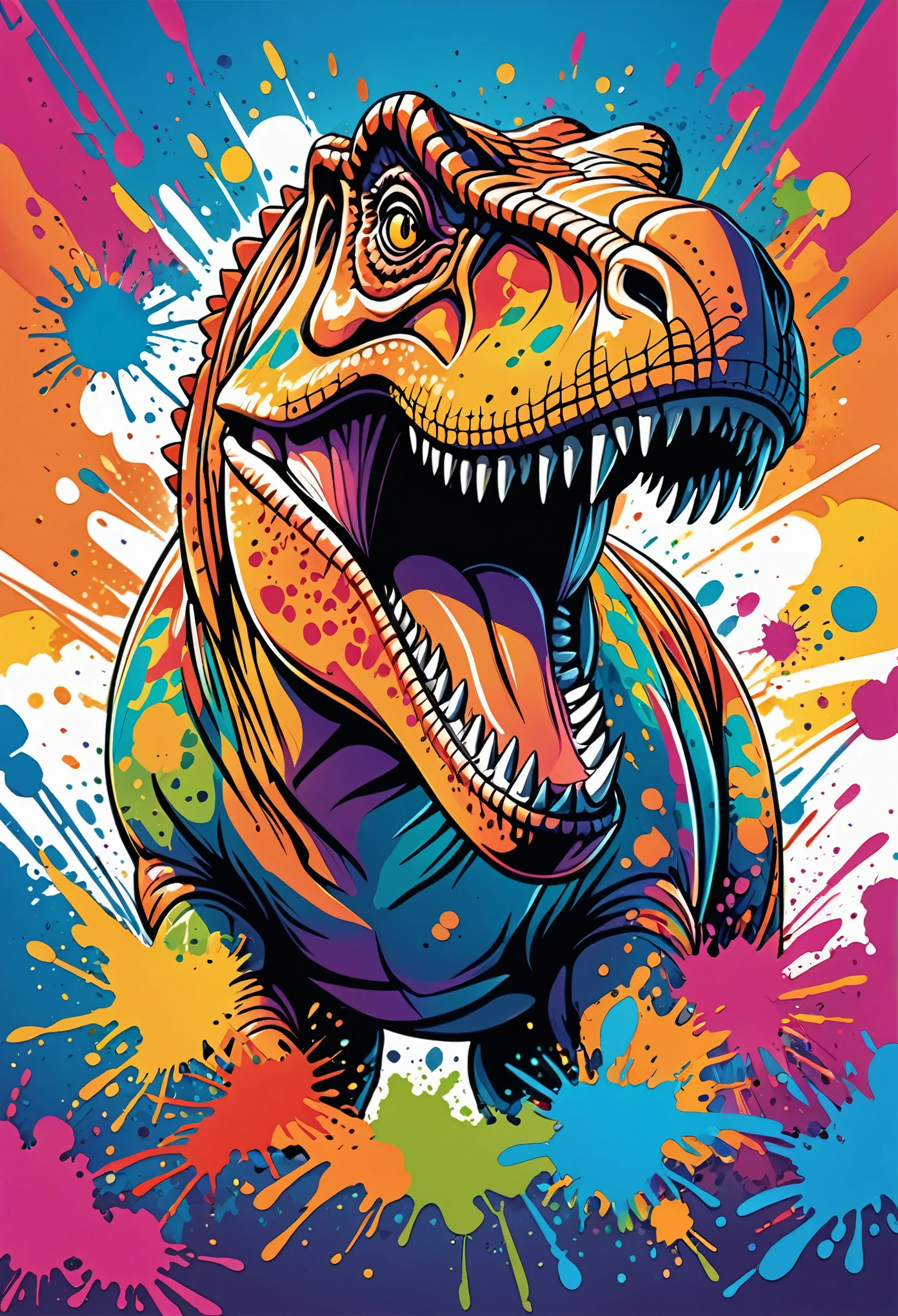 Vector Art, With colorful illustration of Tyrannosaurus Rex, In the center, Vibrant colors, Paint splatters and stains, High Detail,Hawaiian style background