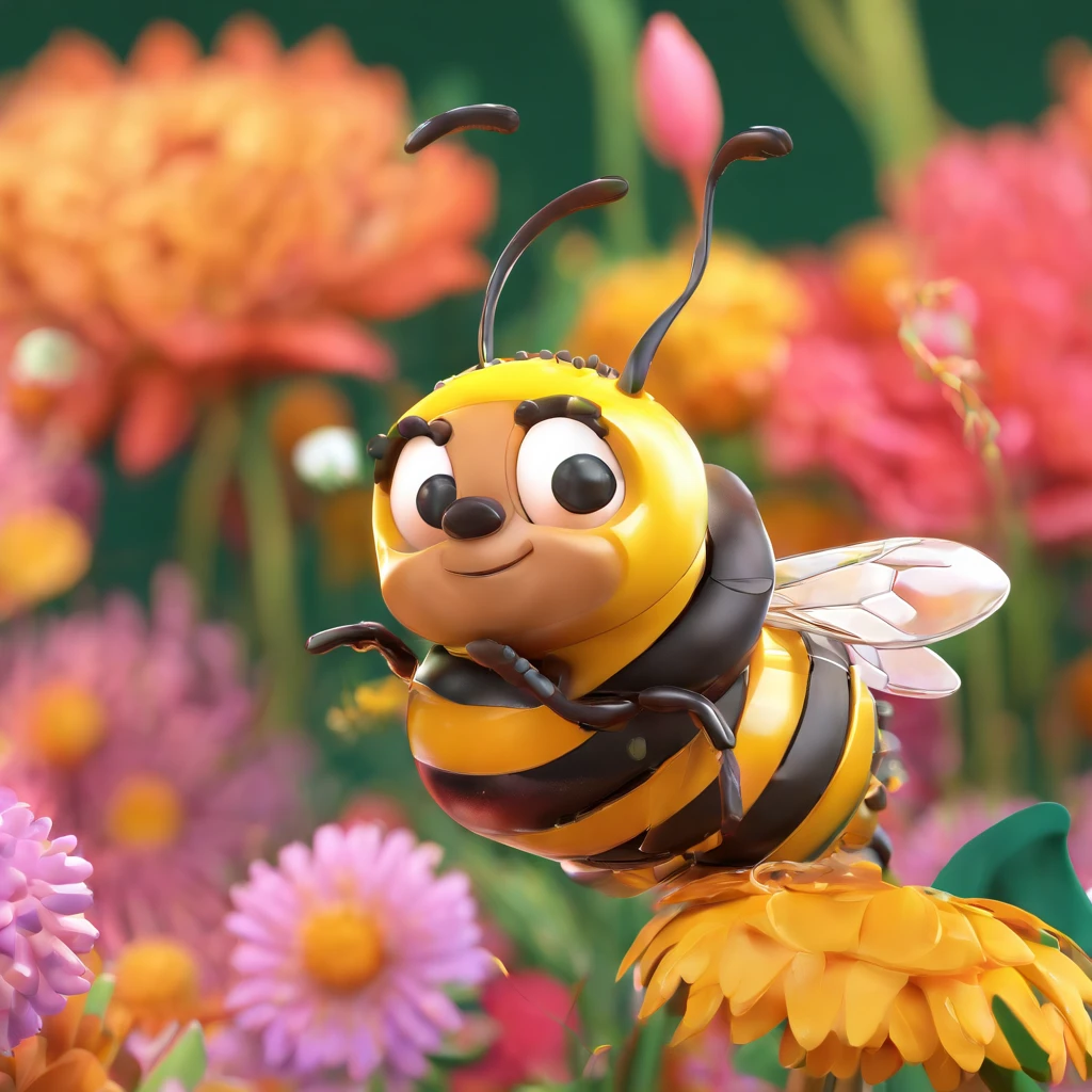 super cute honeybee IP by pop mart, Bright eyes, cherub, Clay, Models, flying, Glossy and delicate,floweŕ field background, Good gloss, 3D rendering of,Best quality