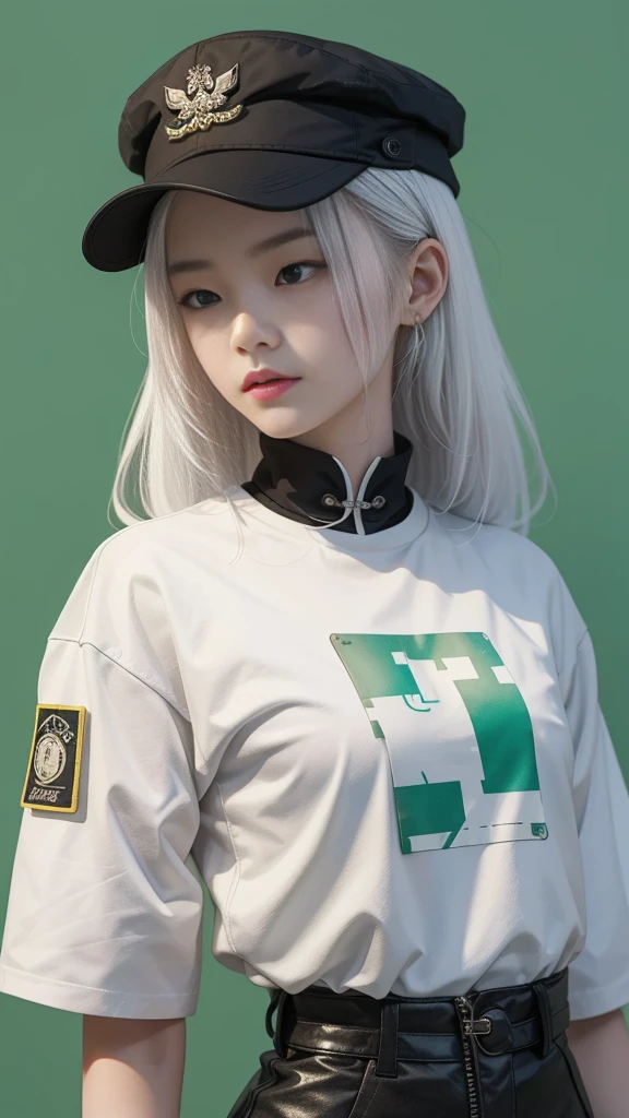 An 18 year old Chinese teenager girl, white hair, wearing a cool t-shirt and jacket with variations of black and green, wearing a hat, white background.