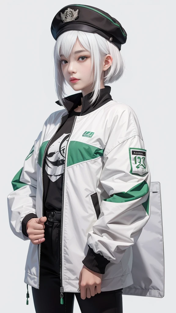 An 18 year old Chinese teenager girl, white hair, wearing a cool t-shirt and jacket with variations of black and green, wearing a hat, white background.