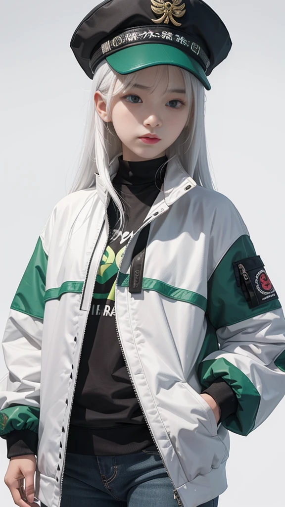 An 18 year old Chinese ager girl, white hair, wearing a cool t-shirt and jacket with variations of black and green, wearing a hat, white background.