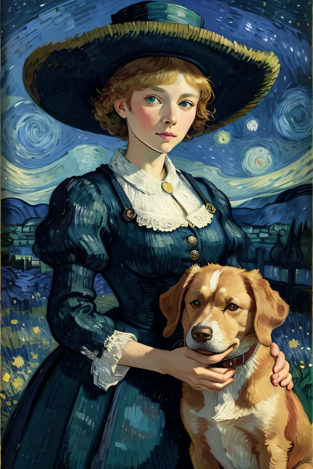 beautiful Woman in Large Hat, van gogh style, holding dog